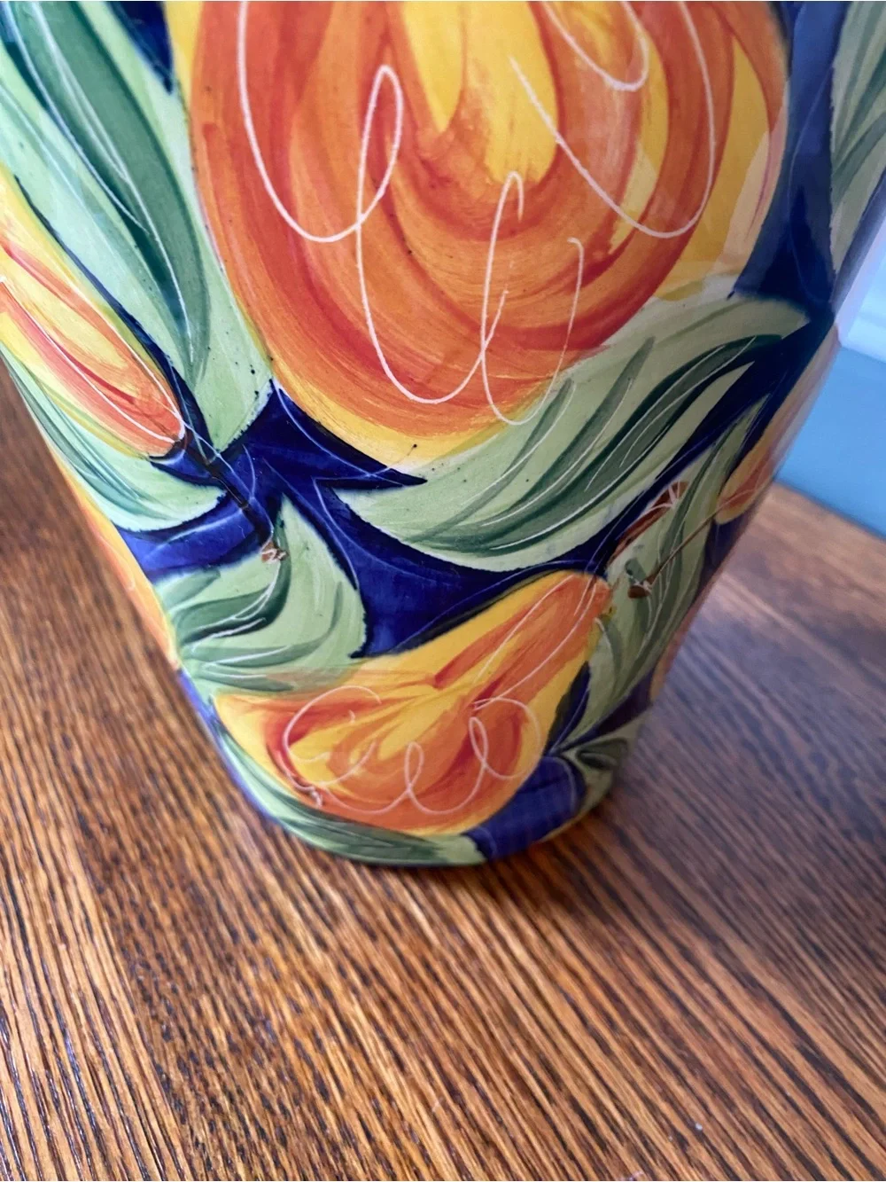 Vintage 90s Large Hand Painted Ceramic Vase / Jug Fruit Motif Blue Orange